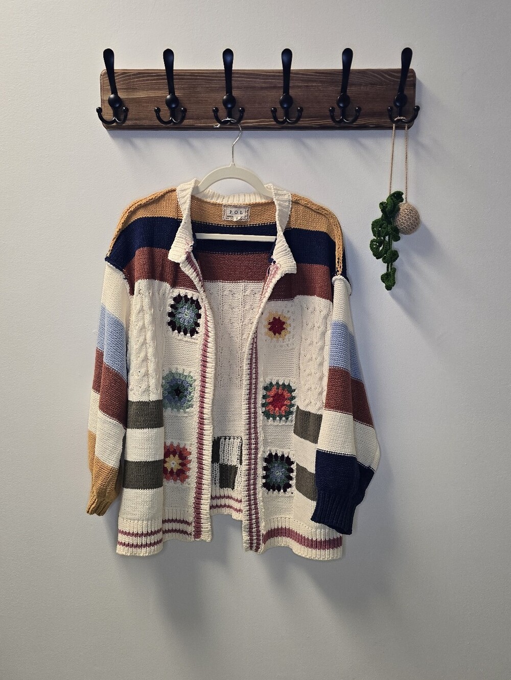 POL Cream Granny Square Chenille Patchwork Open Front Cardigan